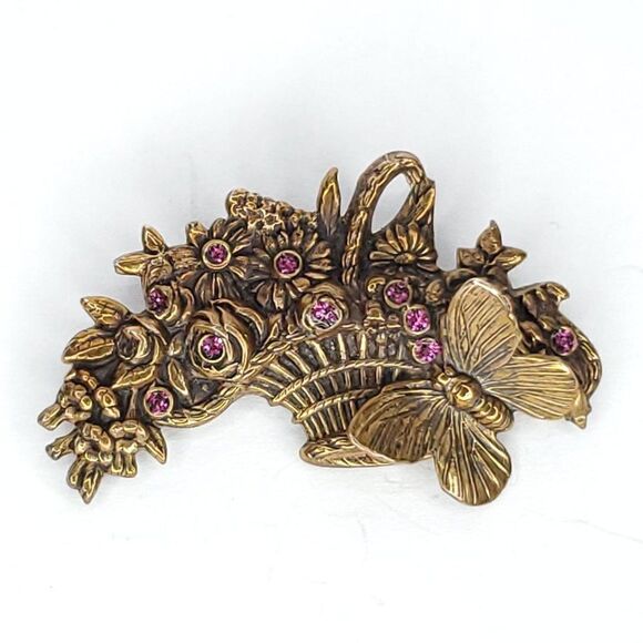 Vintage Butterfly Moth Flower Basket Brooch Gardener Florist Gold Tone Pink - Picture 1 of 3